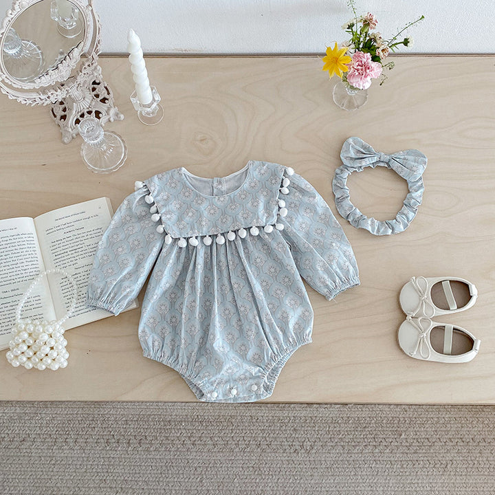 【73-90】ミニポンポンデザイン長袖ロンパース