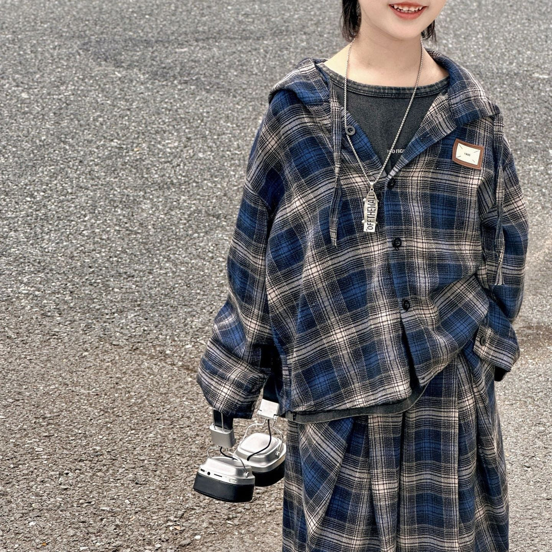 【90-140】フード付きチェック柄シャツ×カジュアルパンツセット