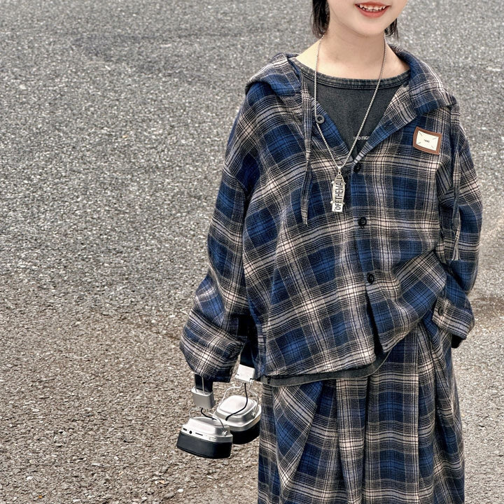 【90-140】フード付きチェック柄シャツ×カジュアルパンツセット