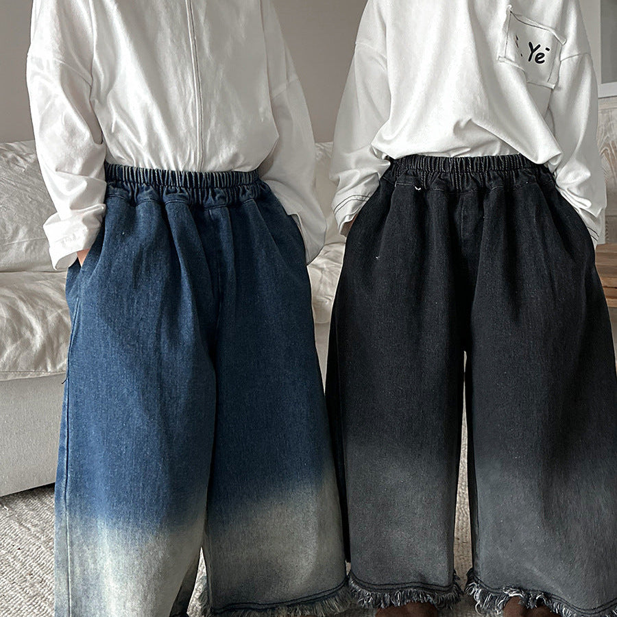 【80-140】カットオフデザインワイドデニムパンツ