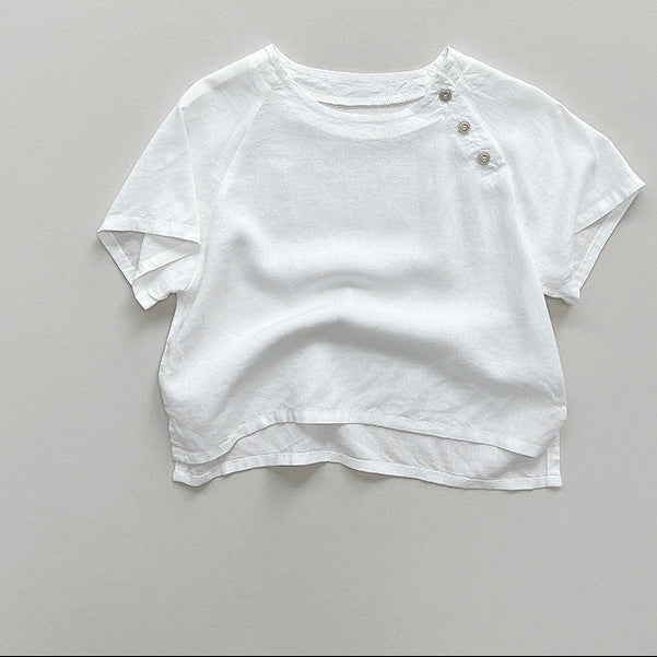 【80-130】ショルダーボタンカジュアルTシャツ