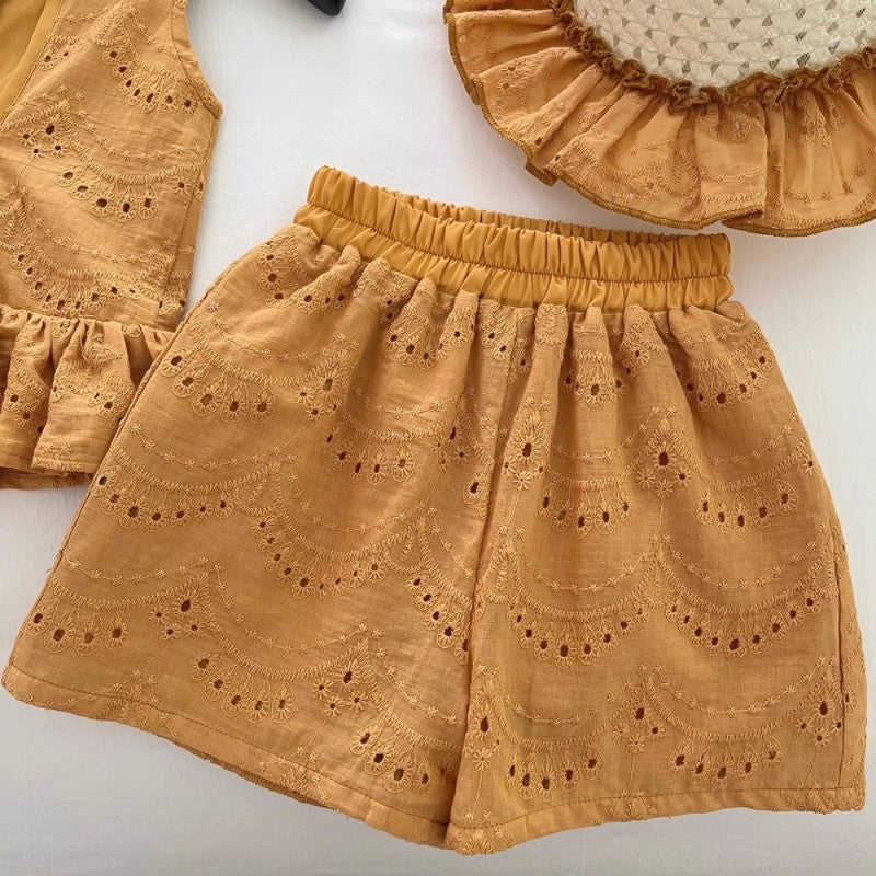 【90-150】帽子付きバックリボントップス×ショートパンツセット