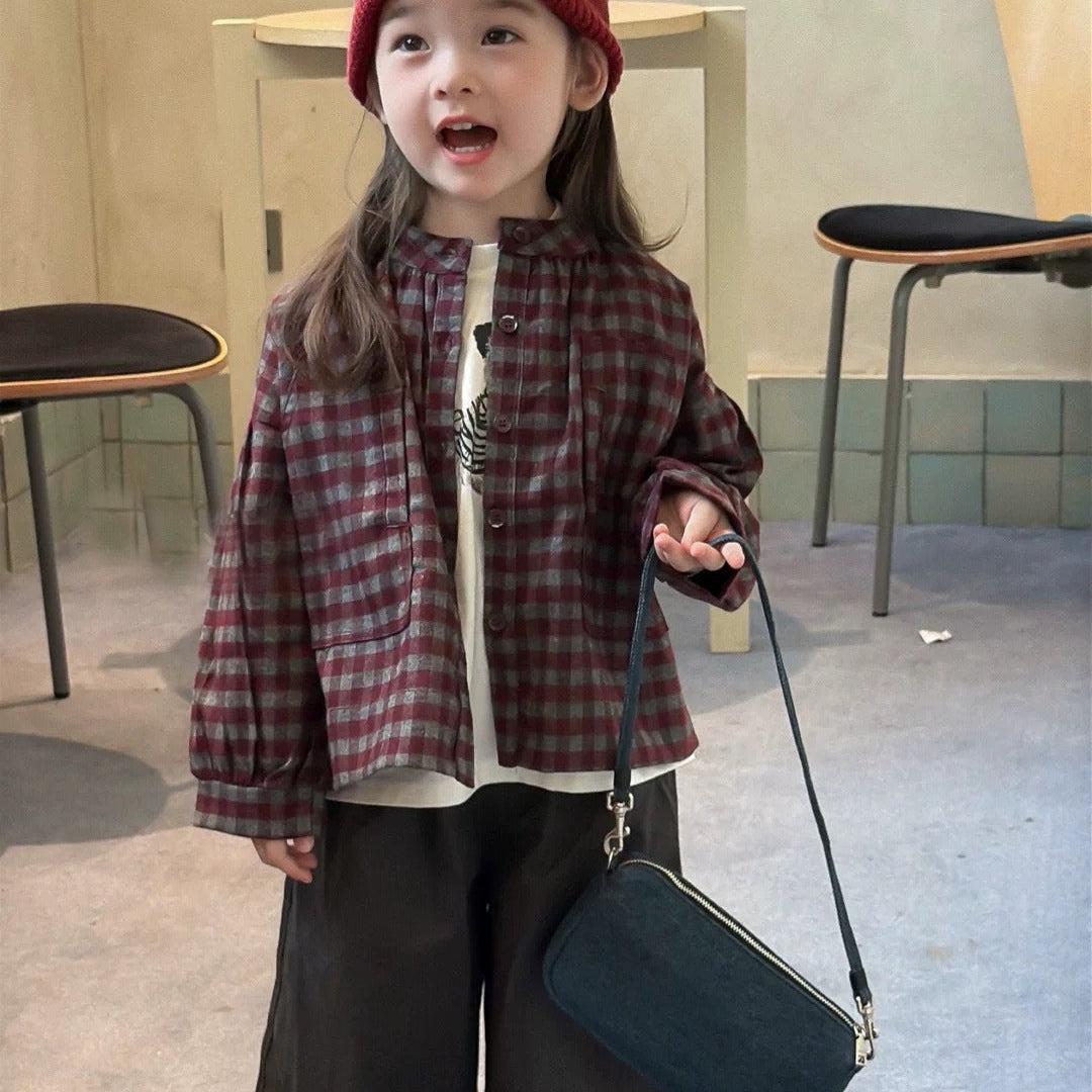 【80-130】ノーカラーチェック柄シャツ