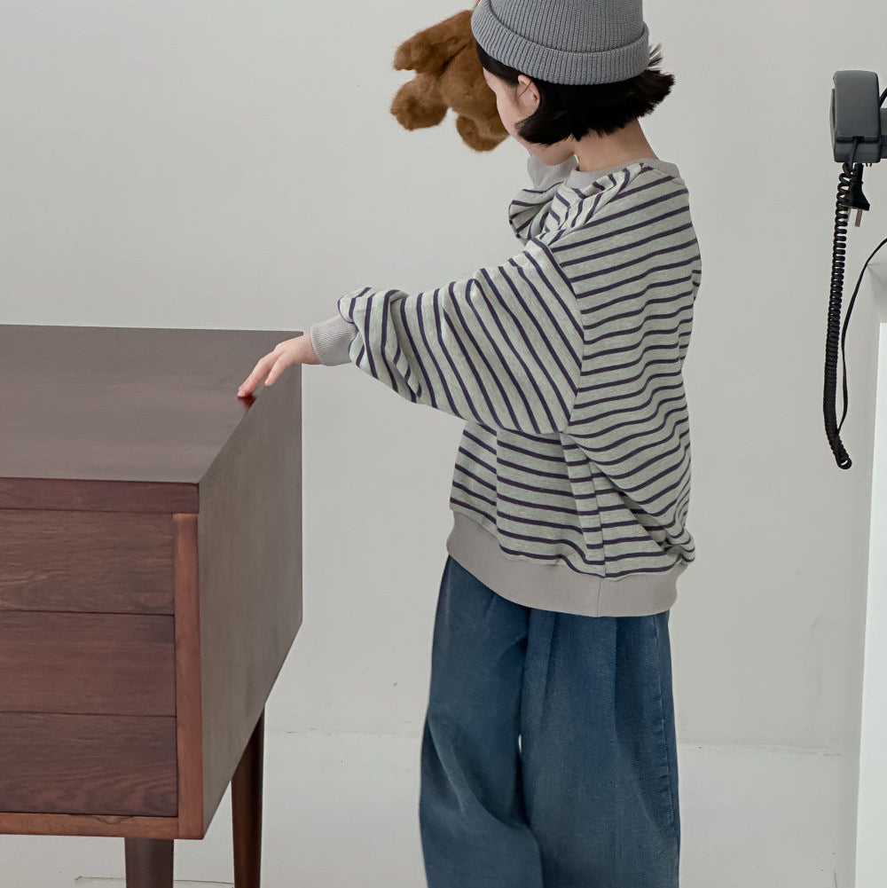 【90-150】ボーダー柄カジュアルトップス