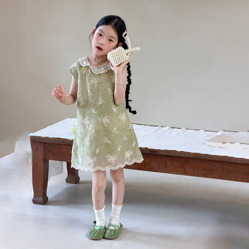 【100-150】レースカラー花柄刺繍ワンピース