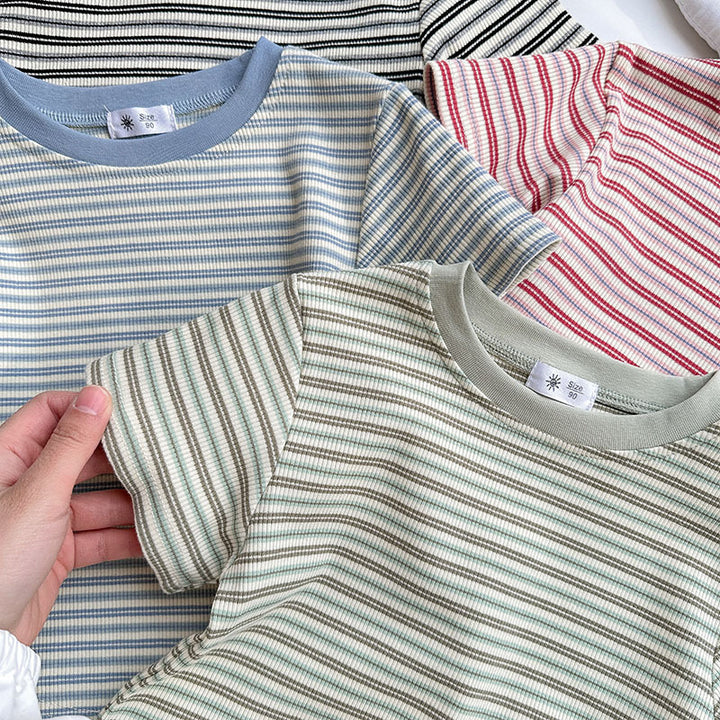 【90-140】マルチカラーシンプルボーダーTシャツ