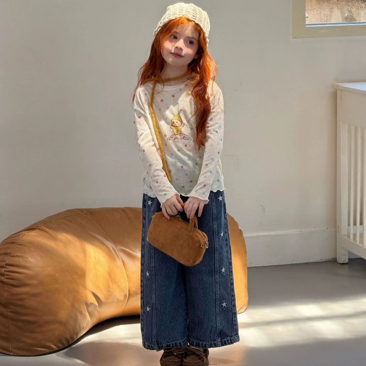 【90-140】サイドスター刺繍デニムパンツ