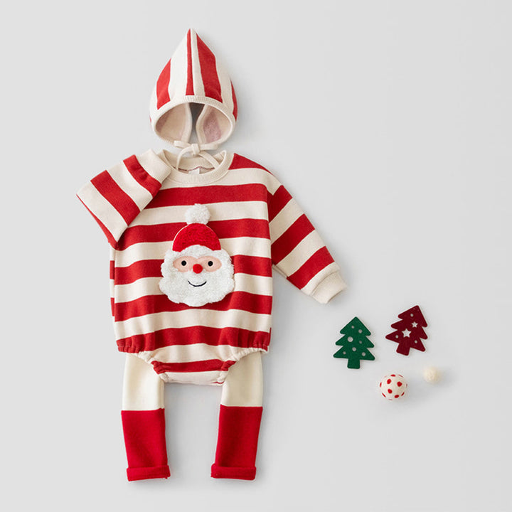 【73-90】帽子付きサンタモチーフ長袖ロンパース