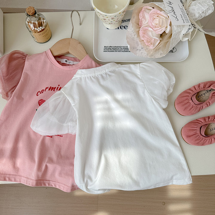 【90-140】フロントデザインパフスリーブTシャツ