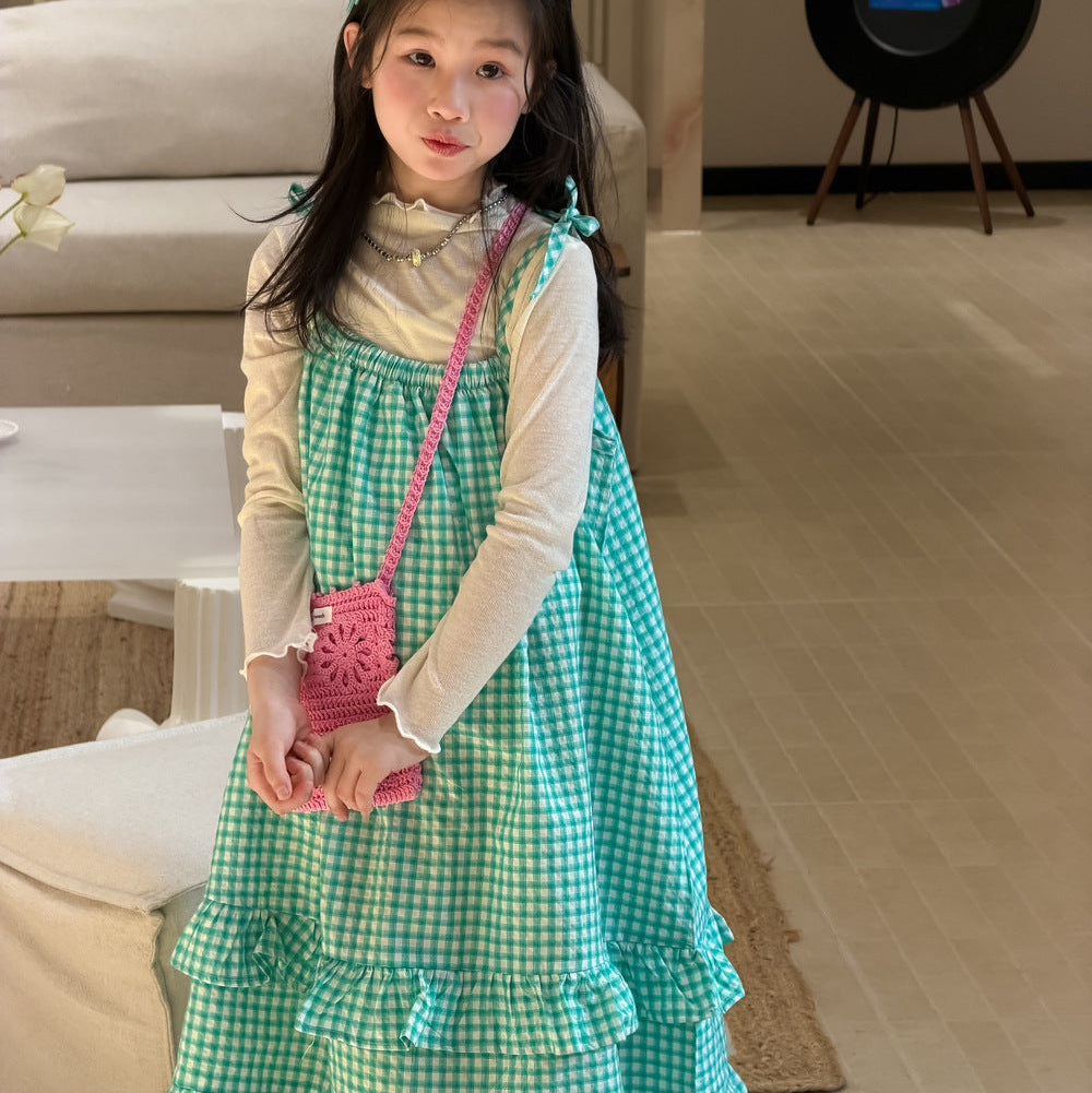 【100-150】チェック柄フリルデザインワンピース