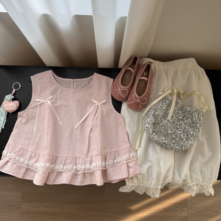 【90-140】レース＆リボンデザインノースリーブシャツ