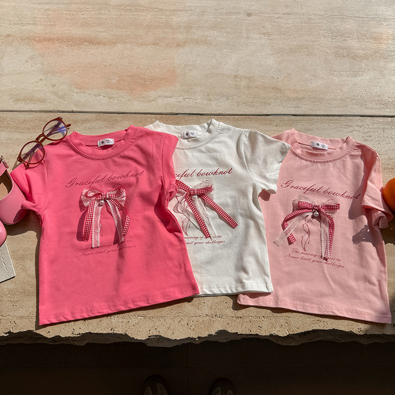 【90-150】レース＆チェック柄リボンTシャツ