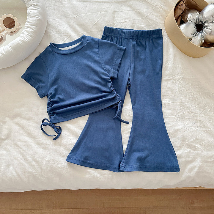 【90-140】ウエストシャーリングTシャツ×フレアパンツセット