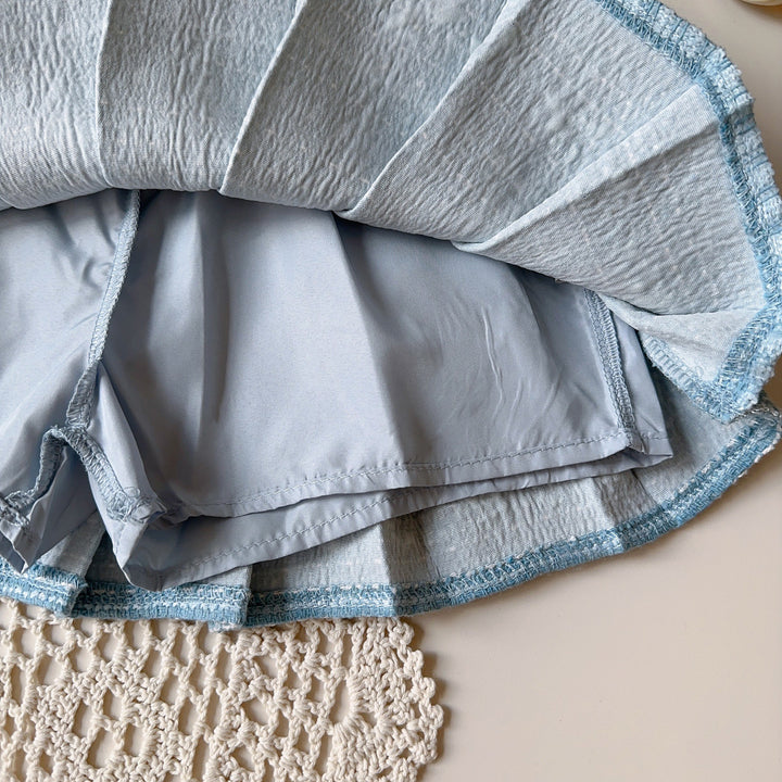 【90-140】肩フリルブラウス×ベスト×プリーツスカートセット