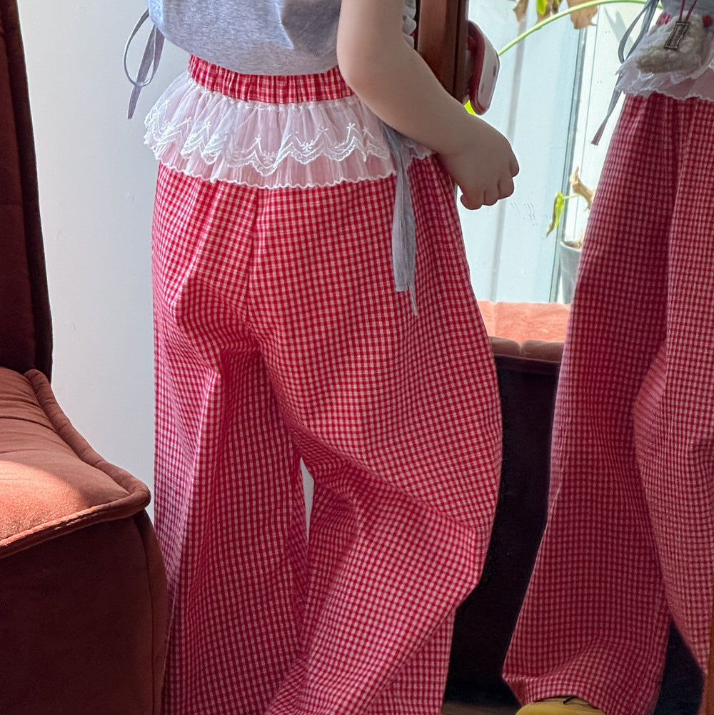 【90-150】ウエストレースギンガムチェックロングパンツ