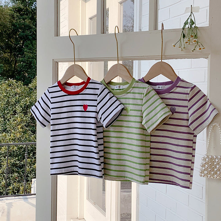 【90-150】ボーダー柄ワンポイントハートTシャツ