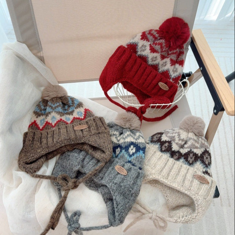 【48-52cm】ポンポン付きフェアアイル柄ニット帽