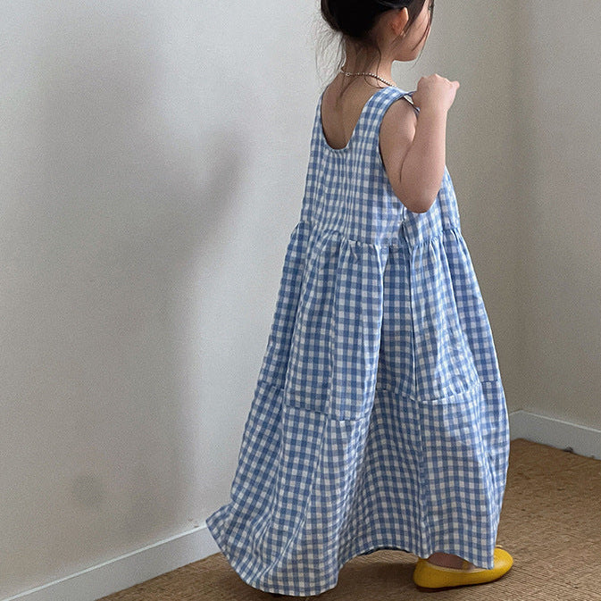 【90-150】ギンガムチェックマキシ丈ワンピース