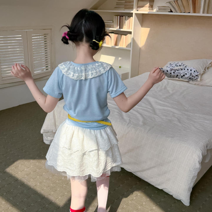 【100-150】レースラッフルカラーTシャツ