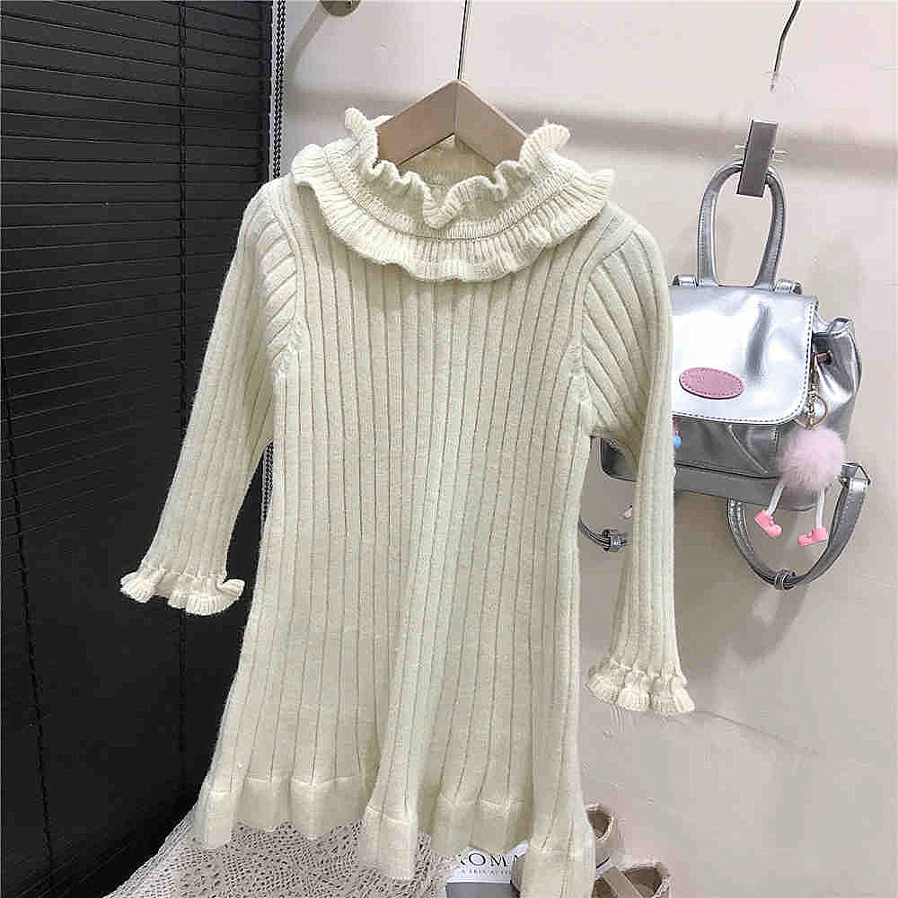 【100-150】フリルデザインリブニットワンピース