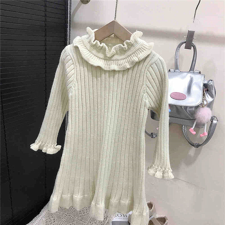 【100-150】フリルデザインリブニットワンピース