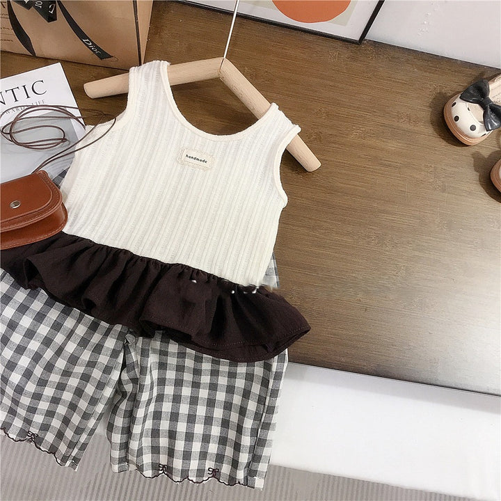 【90-140】フリルヘムトップス×チェック柄ロングパンツセット