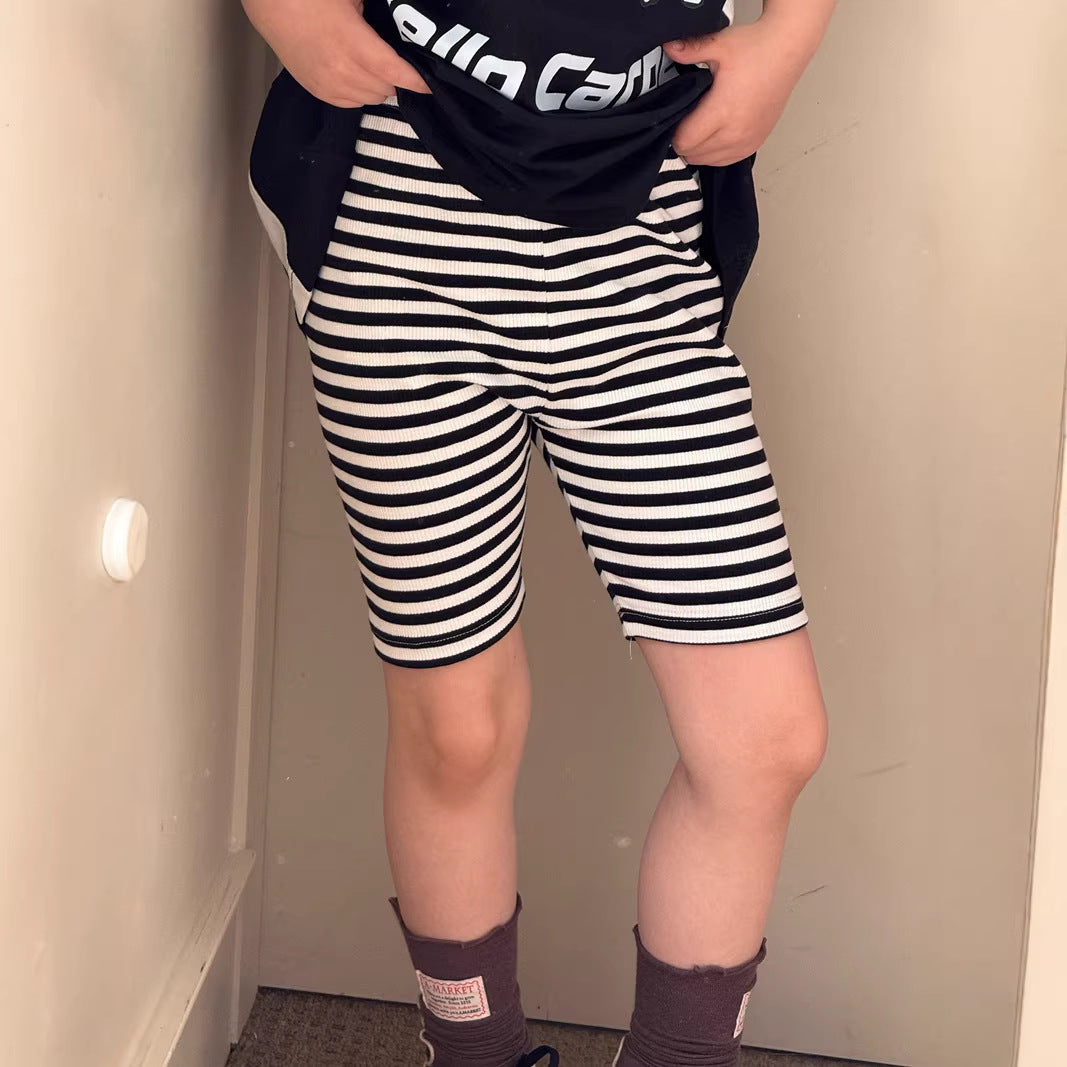 【120-150】ボーダー柄シンプルハーフレギンスパンツ