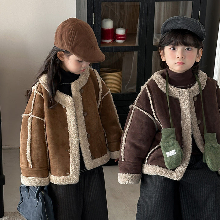 【80-140】ノーカラーフェイクムートンジャケット