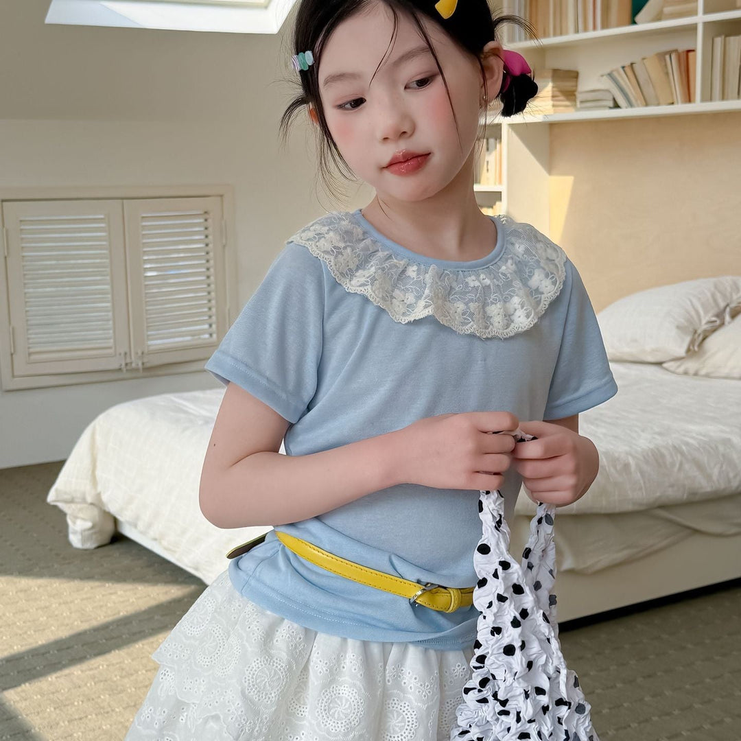 【100-150】レースラッフルカラーTシャツ