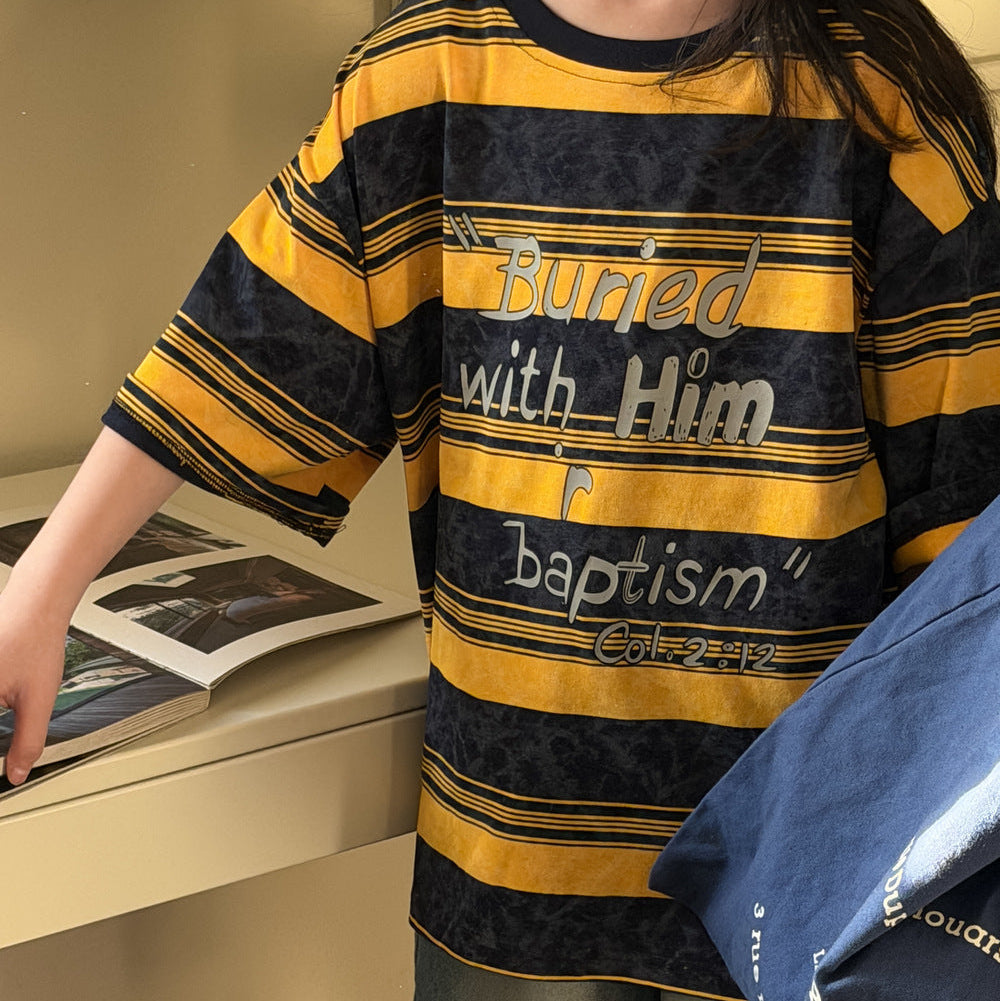 【100-150】英字ロゴデザインボーダー柄Tシャツ
