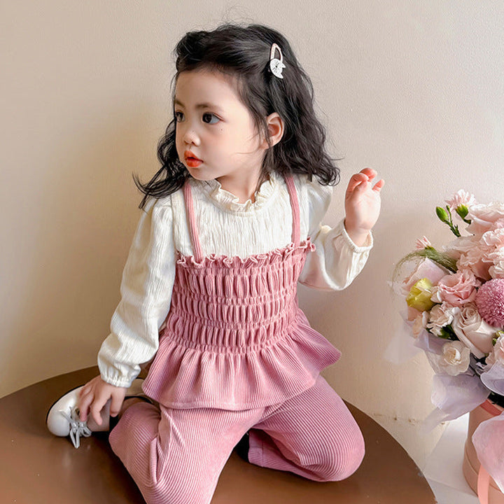 【90-140】レイヤード風トップス×フレアロングパンツセット