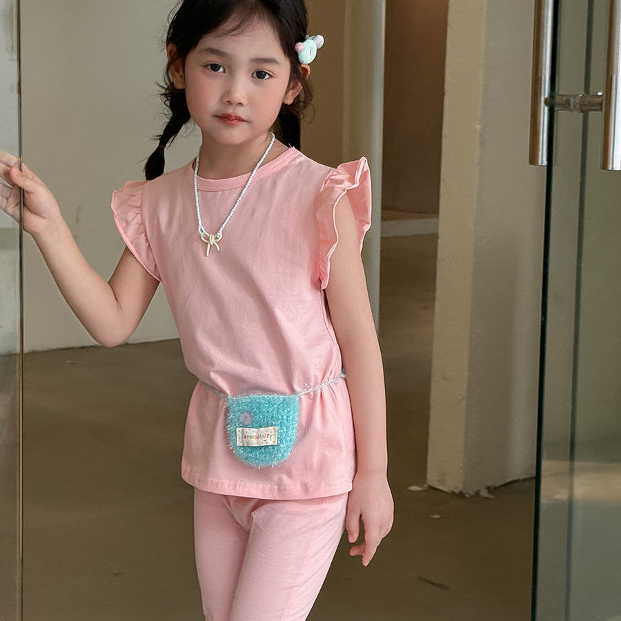 【90-140】ショルダーフリルノースリーブ×フレアパンツセット