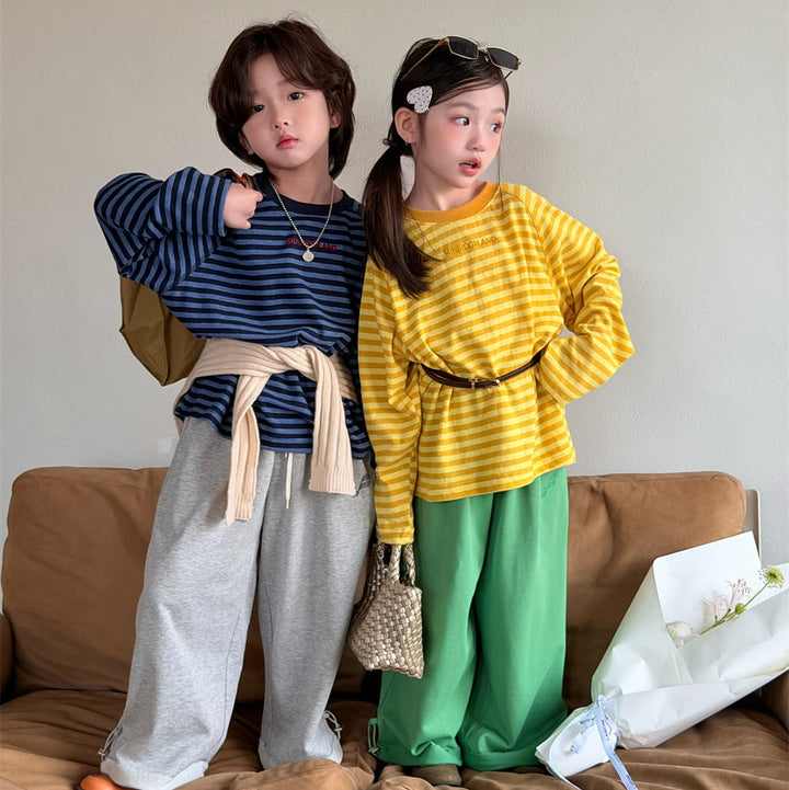 【90-150】ボーダーミニ英字ロゴ長袖Tシャツ