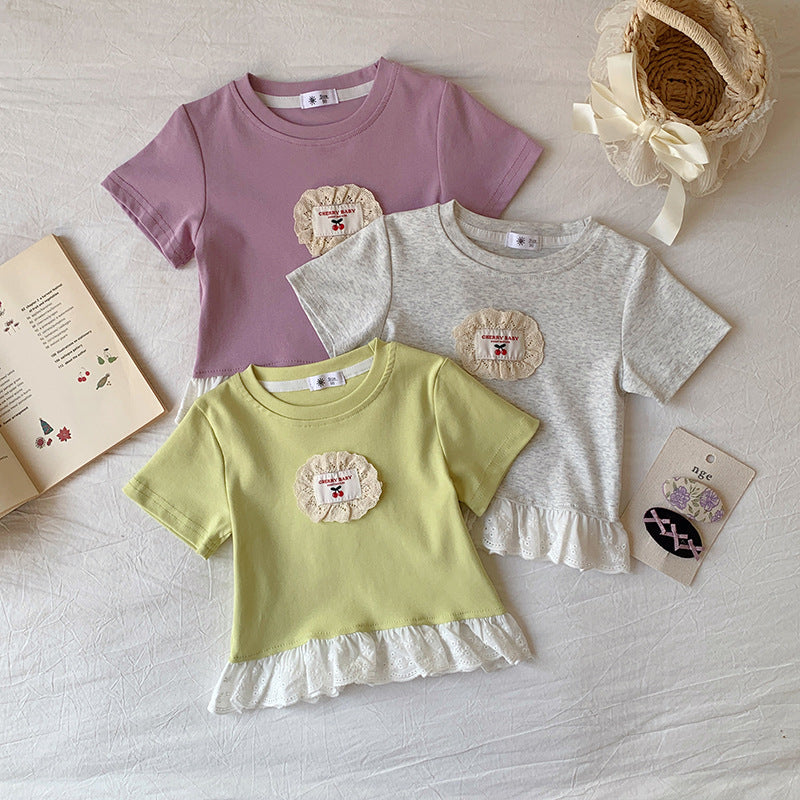 【90-140】ワンポイントワッペンレースヘムTシャツ