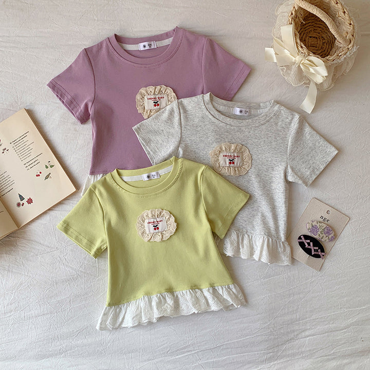 【90-140】ワンポイントワッペンレースヘムTシャツ