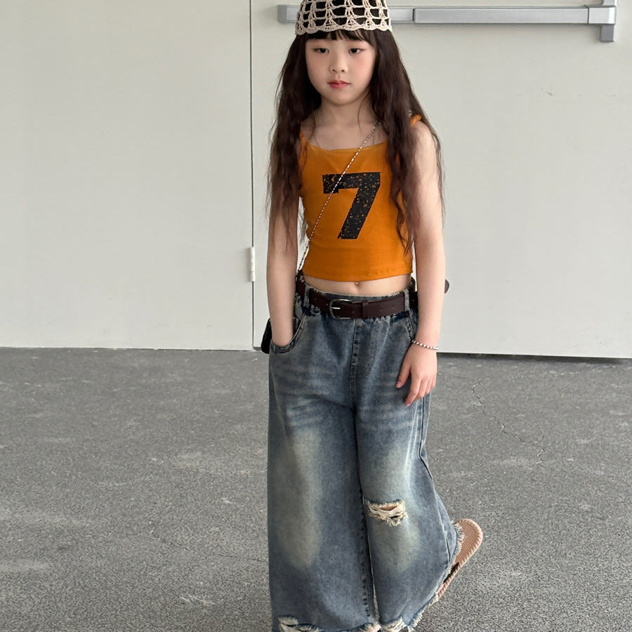 【100-150】クラッシュワイドデニムパンツ