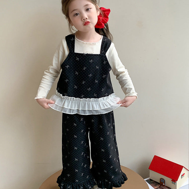 【90-140】トップス×リボン柄フリルデザインセットアップ