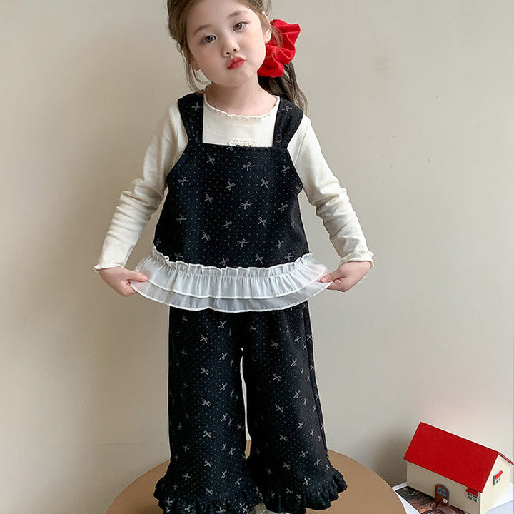 【90-140】トップス×リボン柄フリルデザインセットアップ