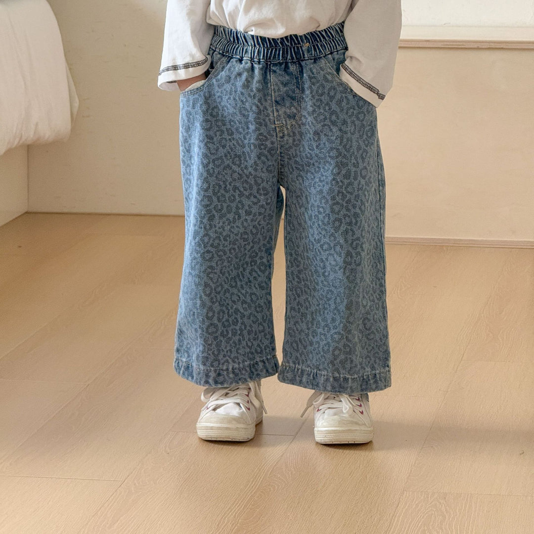 【80-150】レオパード柄ロングデニムパンツ