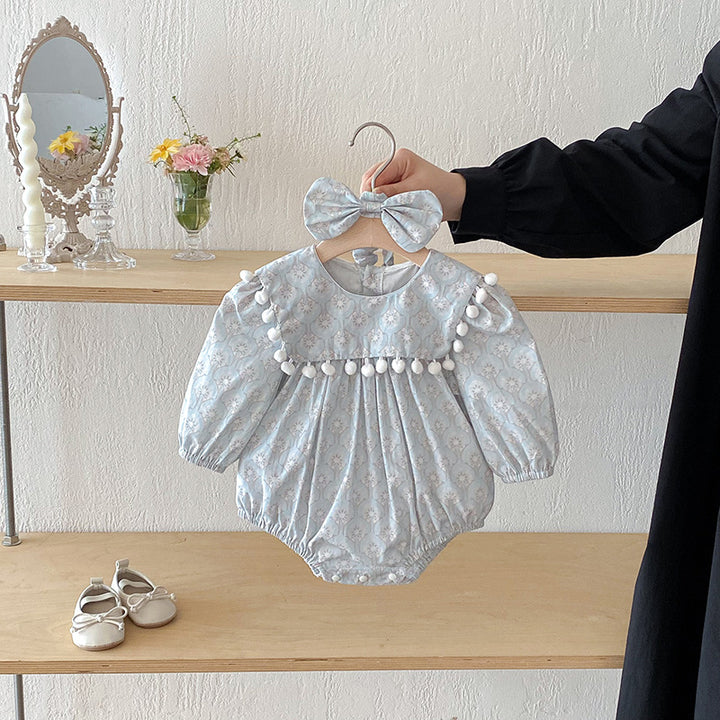 【73-90】ミニポンポンデザイン長袖ロンパース