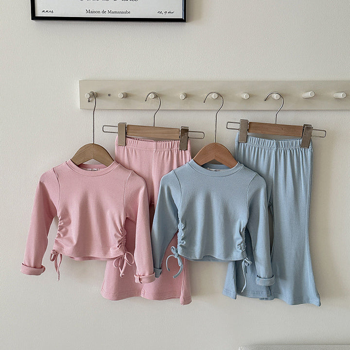 【90-140】ウエストシャーリングトップス×フレアパンツセット