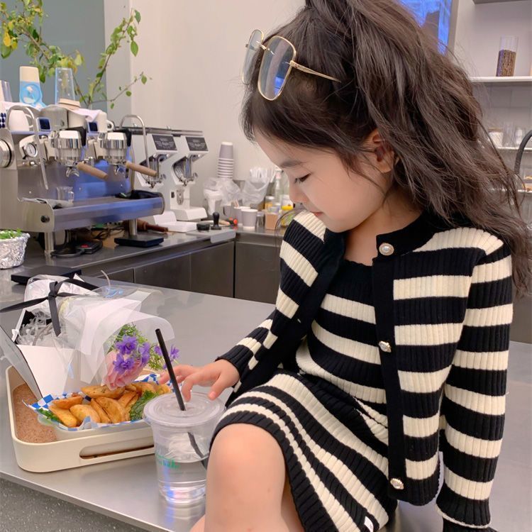 【90-140】ボーダー柄キャミワンピ×カーディガンセット