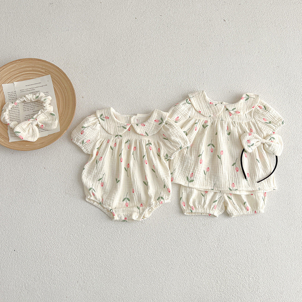 【73-100】襟付きチューリップ柄セットアップ