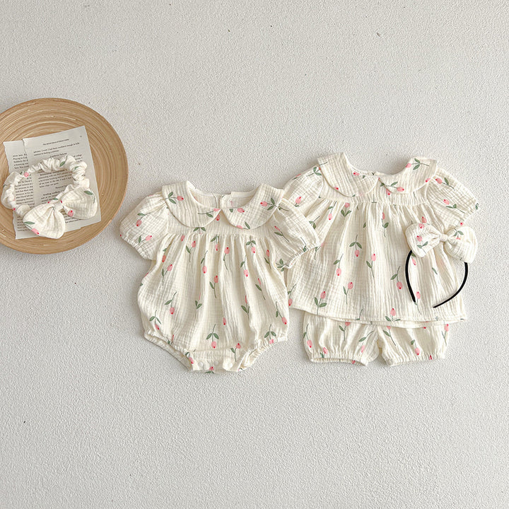 【73-100】襟付きチューリップ柄セットアップ