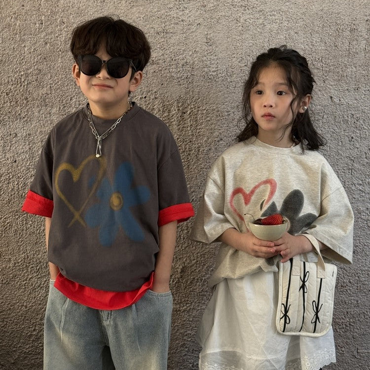 【90-150】ハート＆フラワーTシャツ