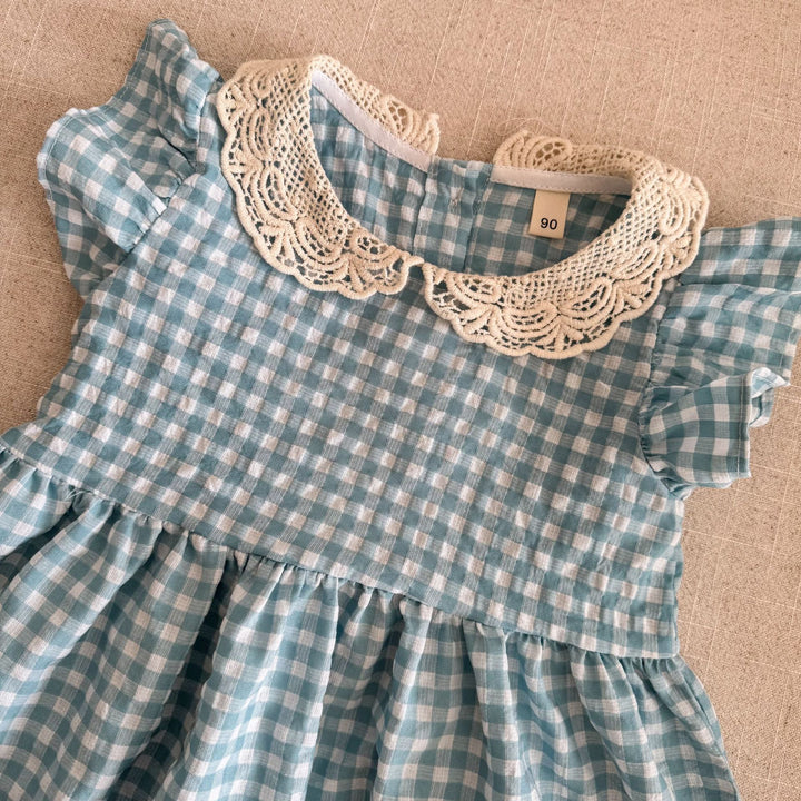 【80-150】レースカラーギンガムチェックワンピース