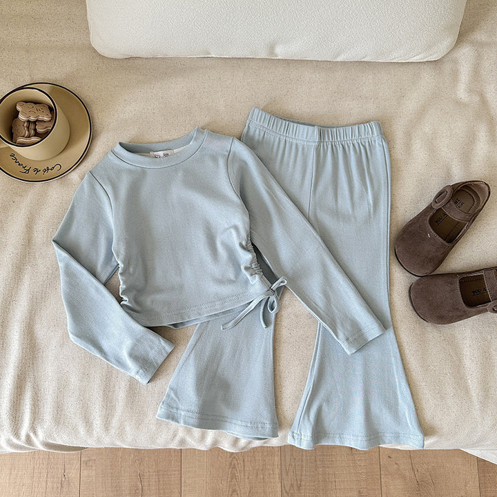 【90-140】ウエストシャーリングトップス×フレアパンツセット