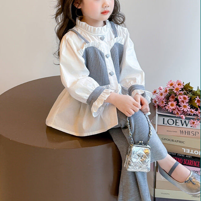 【90-140】レイヤード風シャツ×フレアパンツセット