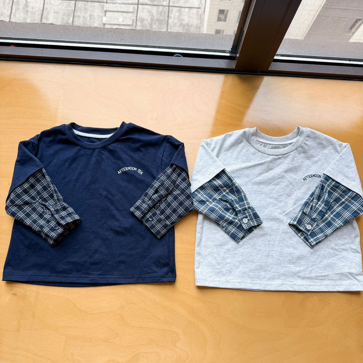【80-150】バックプリントレイヤード風長袖Tシャツ