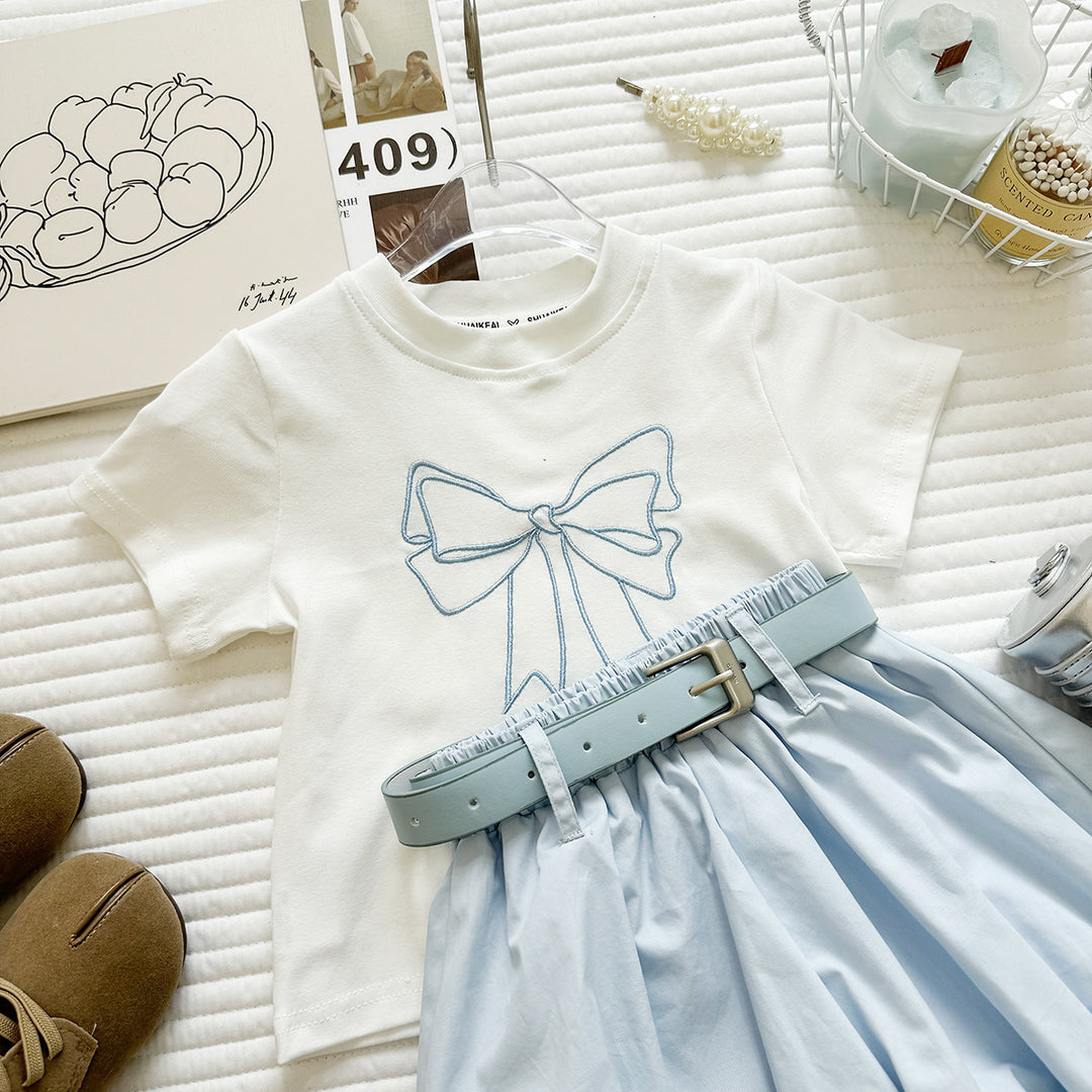 【90-140】フロントリボンTシャツ×ショートパンツセット